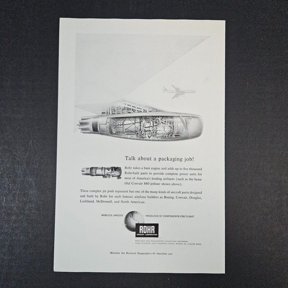 1959 Rohr Aircraft‎ Corporation Vintage Print Ad Chula Vista CA Corvair 880 Jet